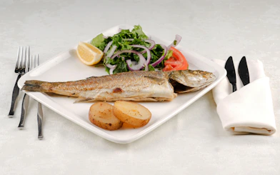 Grilled fish with salad and potatoes on Bosphorus dinner cruise plate.