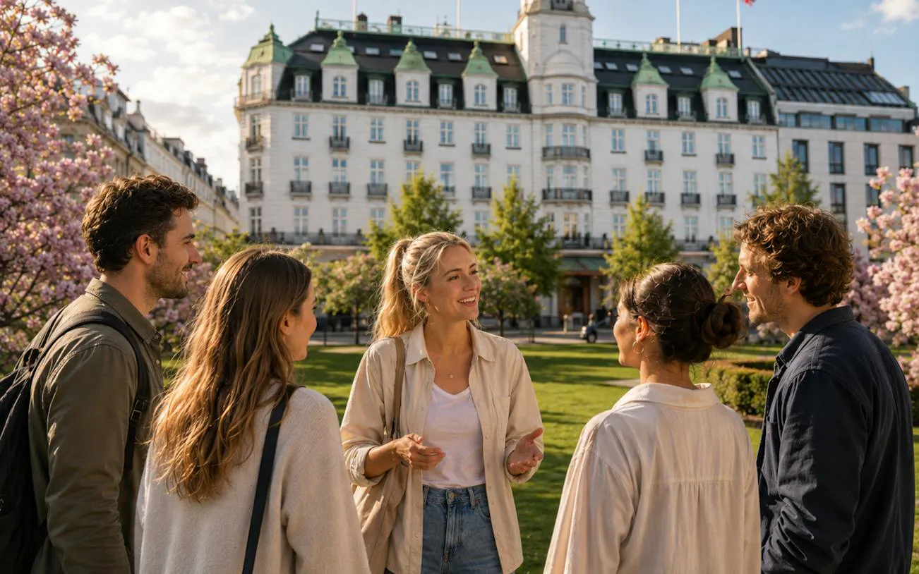 Group enjoying Oslo walking tour near Grand Hotel Oslo.