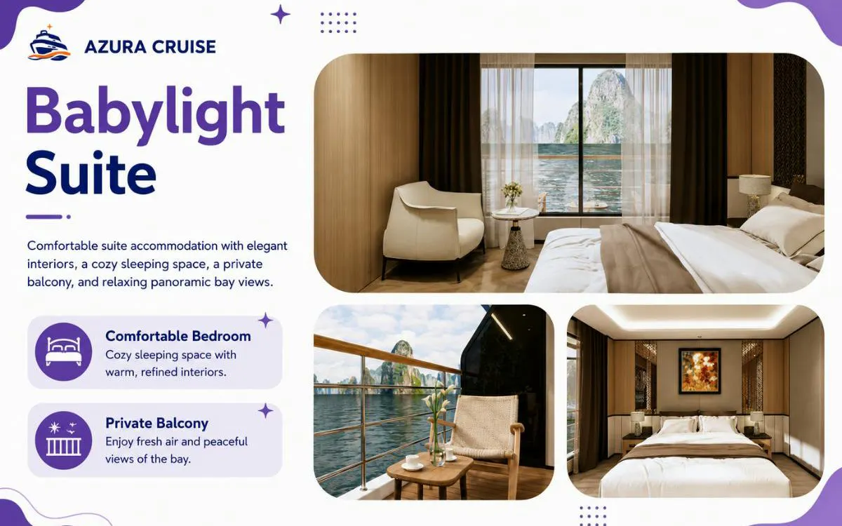 Luxury suite with private balcony overlooking Ha Long Bay, featuring elegant interiors and panoramic views.