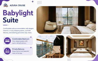 Luxury suite with private balcony overlooking Ha Long Bay, featuring elegant interiors and panoramic views.