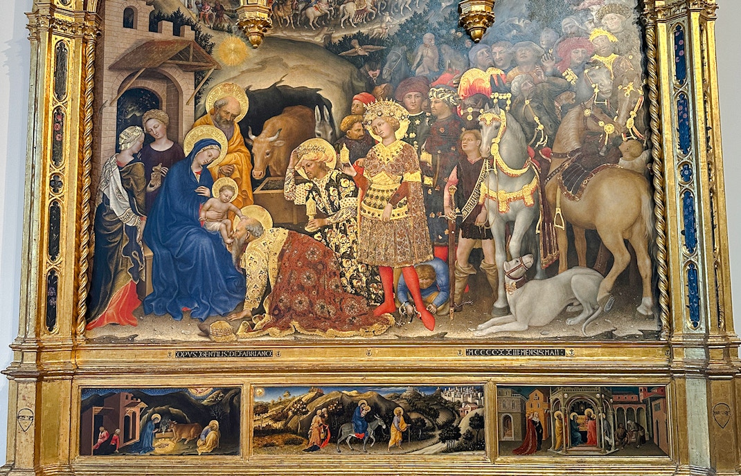 Adoration of the Magi painting in Accademia Gallery, Florence, depicting biblical scene with Magi and Holy Family.