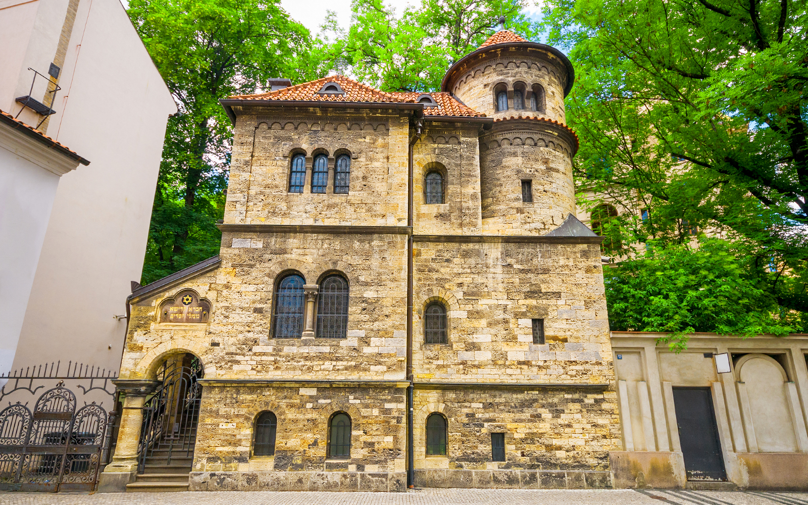Old Klausen Synagogue with stone facade in Jewish Quarter, Prague.