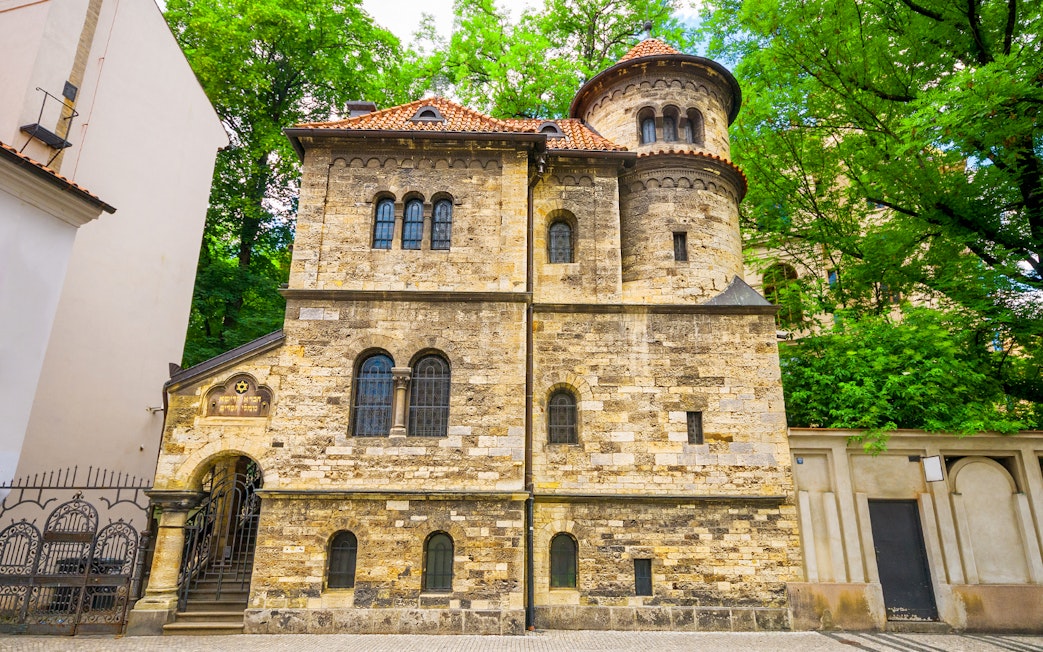 Old Klausen Synagogue with stone facade in Jewish Quarter, Prague.