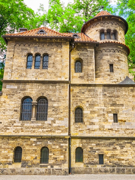 Old Klausen Synagogue with stone facade in Jewish Quarter, Prague.