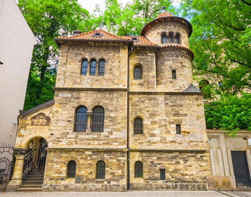 Old Klausen Synagogue with stone facade in Jewish Quarter, Prague.