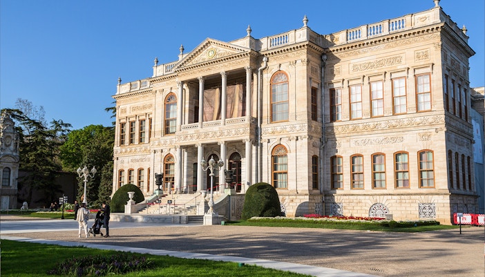 Tourists at Dolmabahce Palace near Selamlik Building, Istanbul.