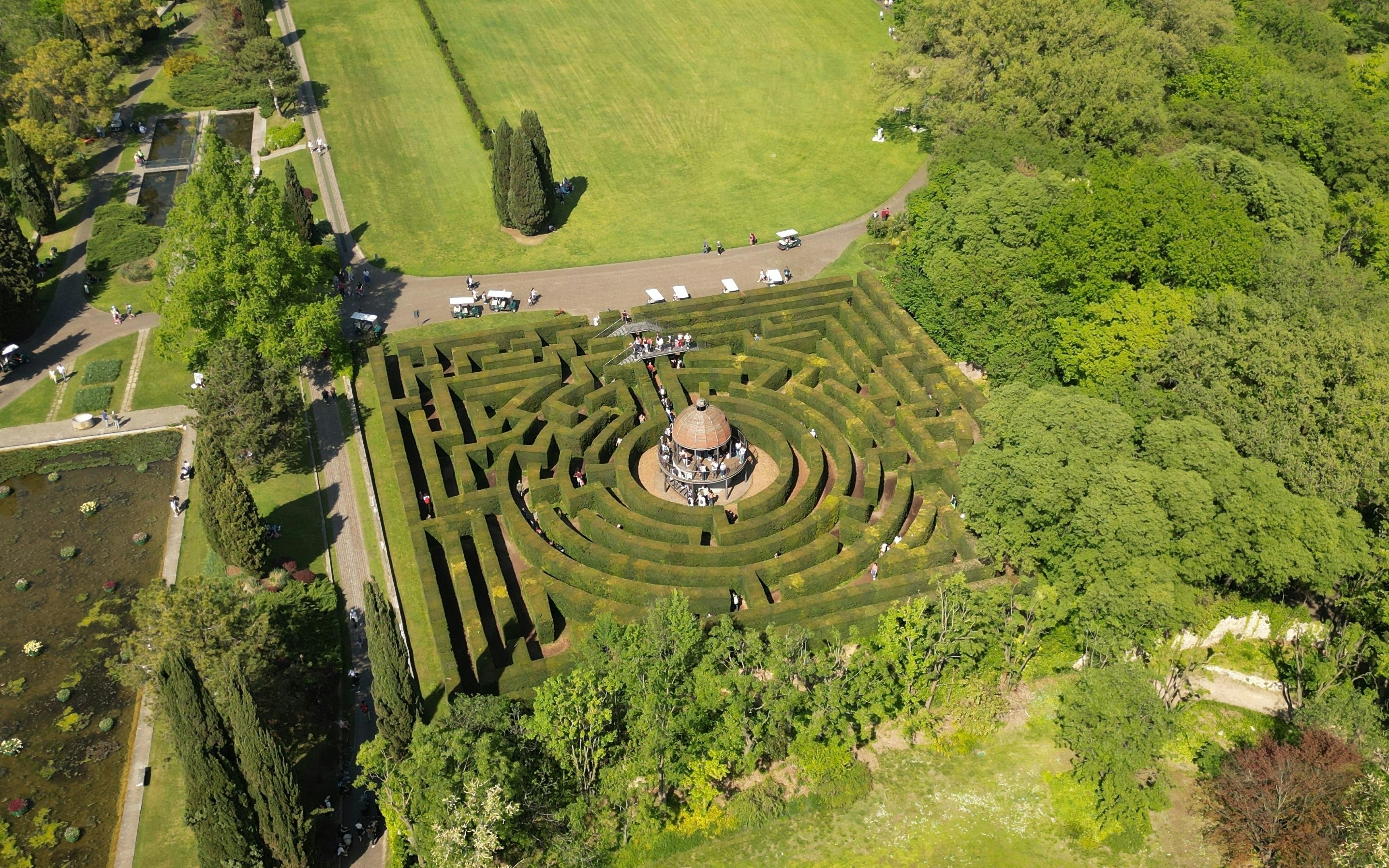 Garden labyrinth in Sigurta Garden Park, Valeggio sul Mincio, Italy, with central gazebo.