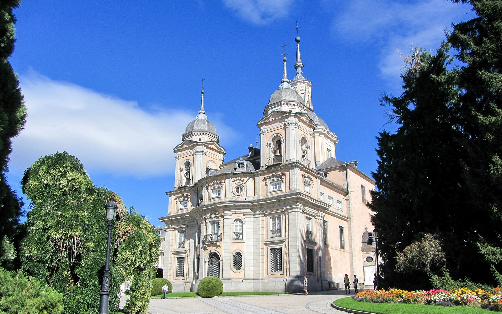 Royal Palace of La Granja de San Ildefonso with ornate gardens and fountains in Segovia, Spain.