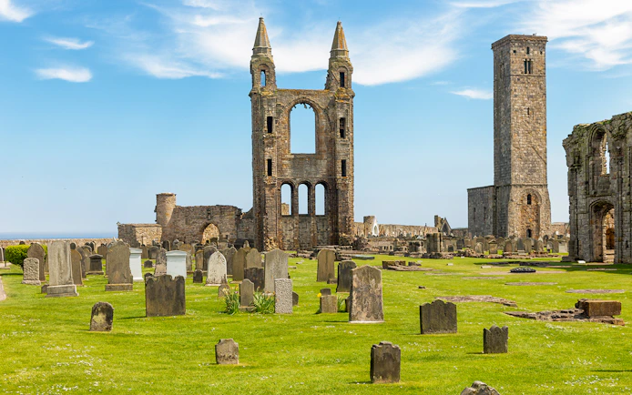 St Andrews Cathedral ruins with gravestones, part of the St Andrews & Fishing Villages of Fife Tour.