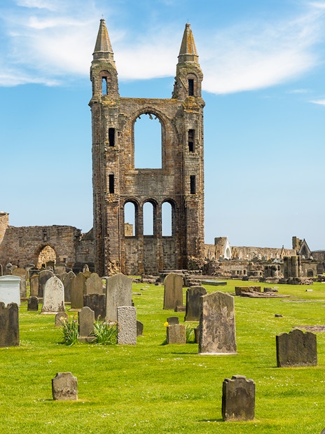 St Andrews Cathedral ruins with gravestones, part of the St Andrews & Fishing Villages of Fife Tour.