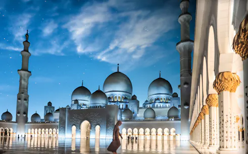Sheikh Zayed Grand Mosque illuminated at night, Abu Dhabi tour from Dubai.