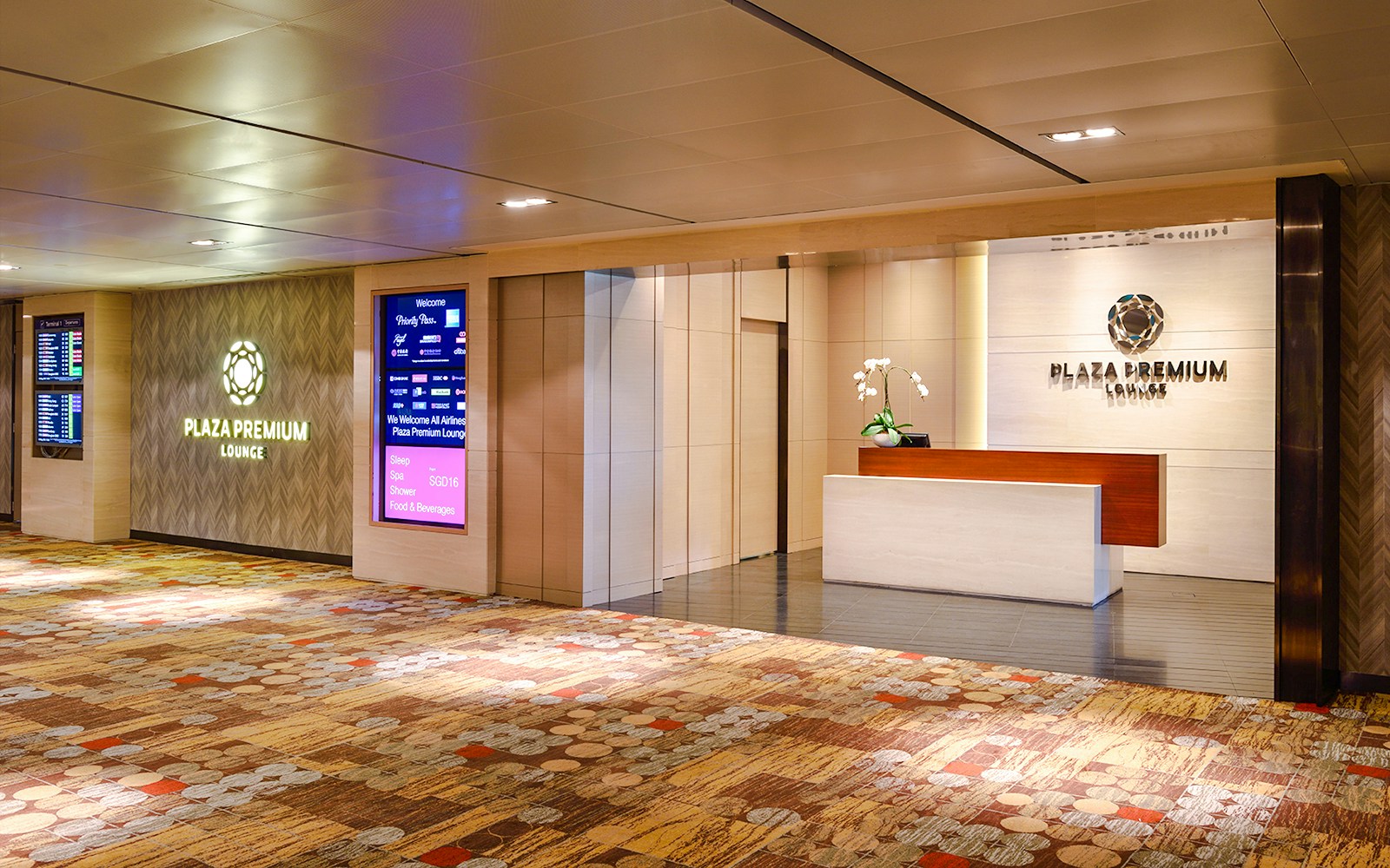 Singapore Plaza Premium Lounge entrance at airport.