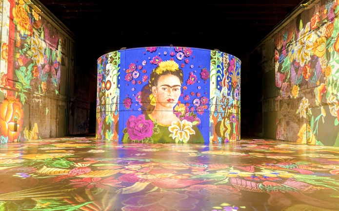 Frida Kahlo artwork projection at Bassins Des Lumieres exhibition, featuring vibrant floral patterns.