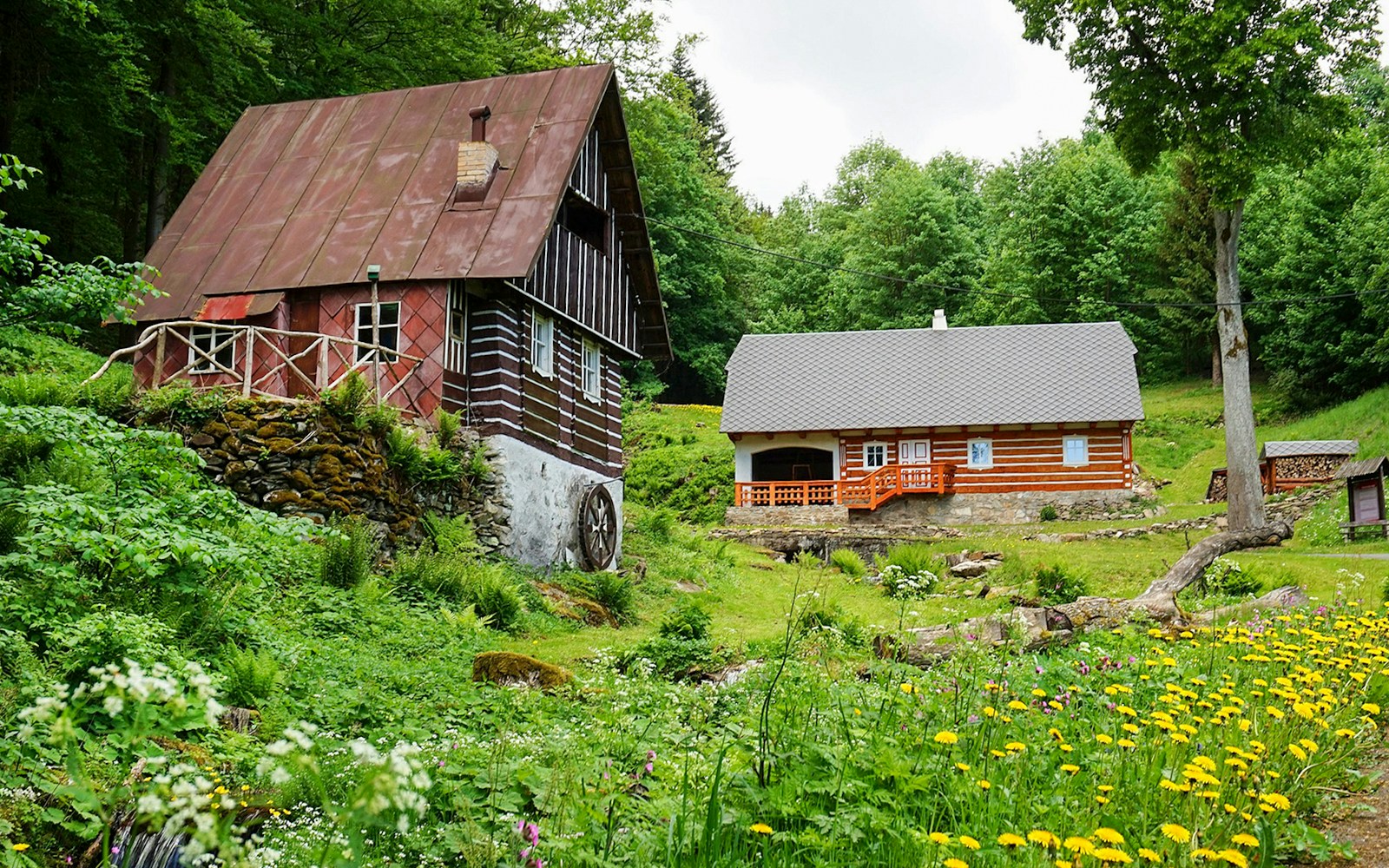 Traditional wooden cottages surrounded by lush greenery on a day trip from Prague to Český Krumlov.
