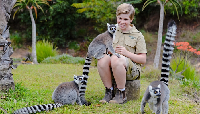 Irwin family member interacting with a lemur at Australia Zoo.