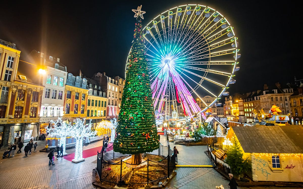 Lille Christmas Market with festive stalls and lights in France