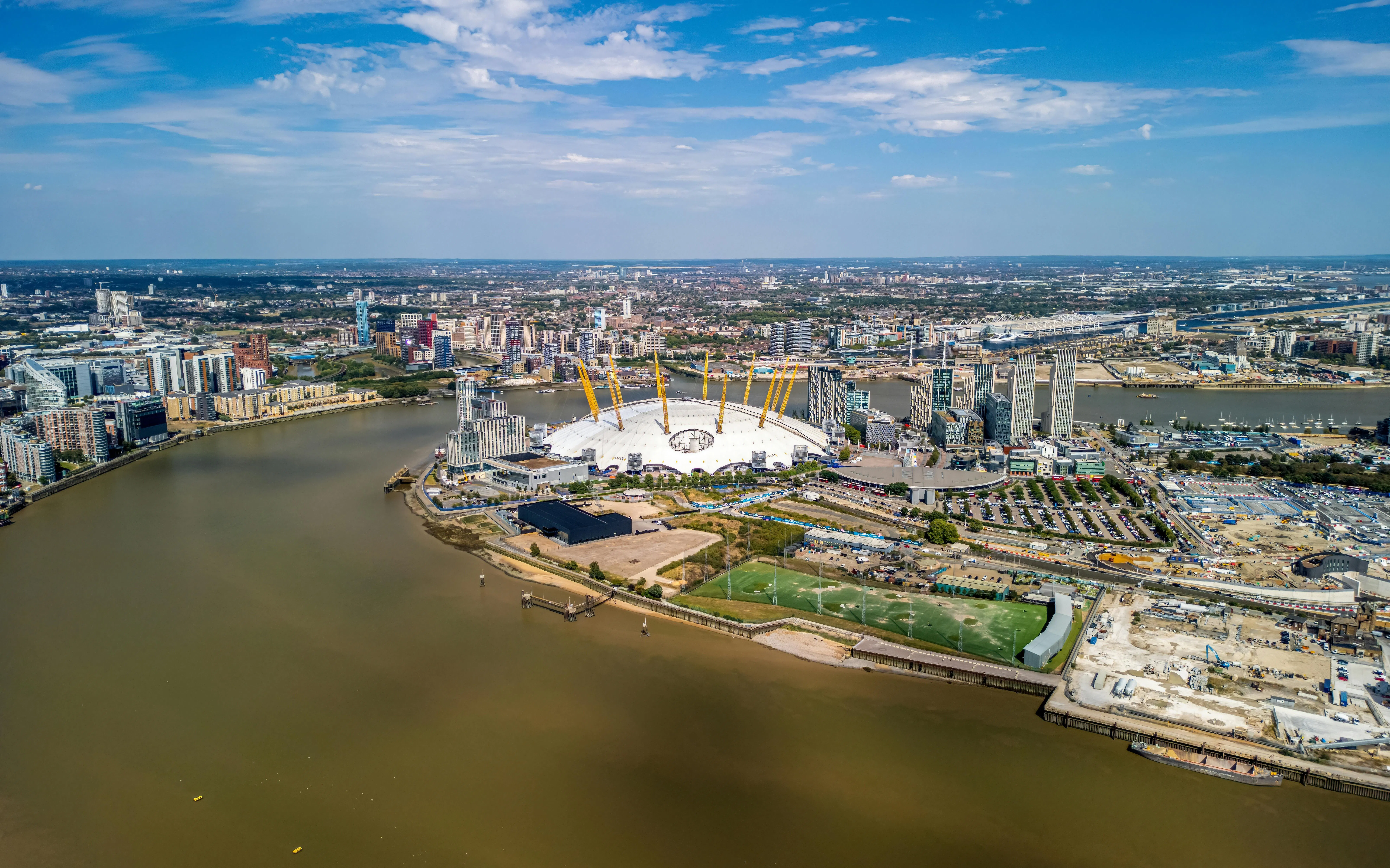 Aerial view of the O2 Arena and Thames River in Greenwich, South East London.