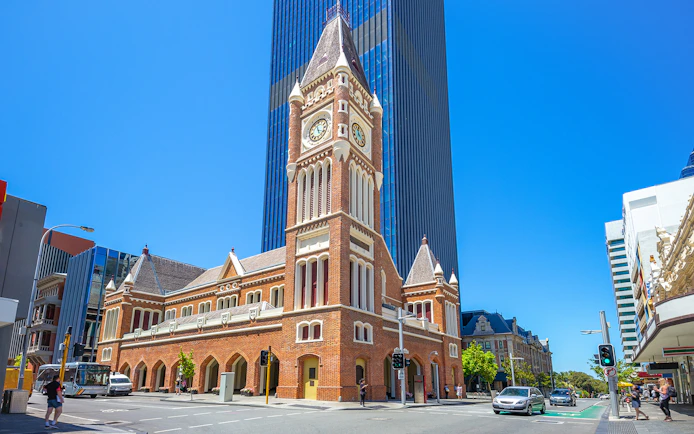 Historic Perth Town Hall with clock tower on a sunny day, part of Perth and Kings Park Hop-on-Hop-off tour.