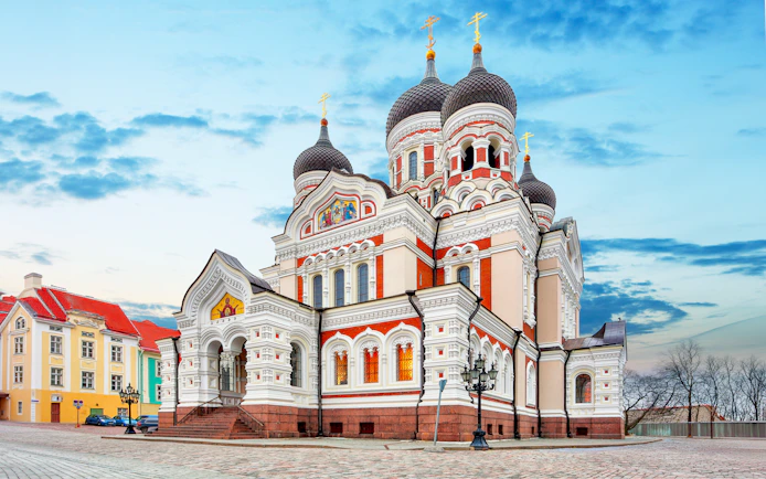 Alexander Nevsky Cathedral with ornate domes in Tallinn Old Town, Estonia.
