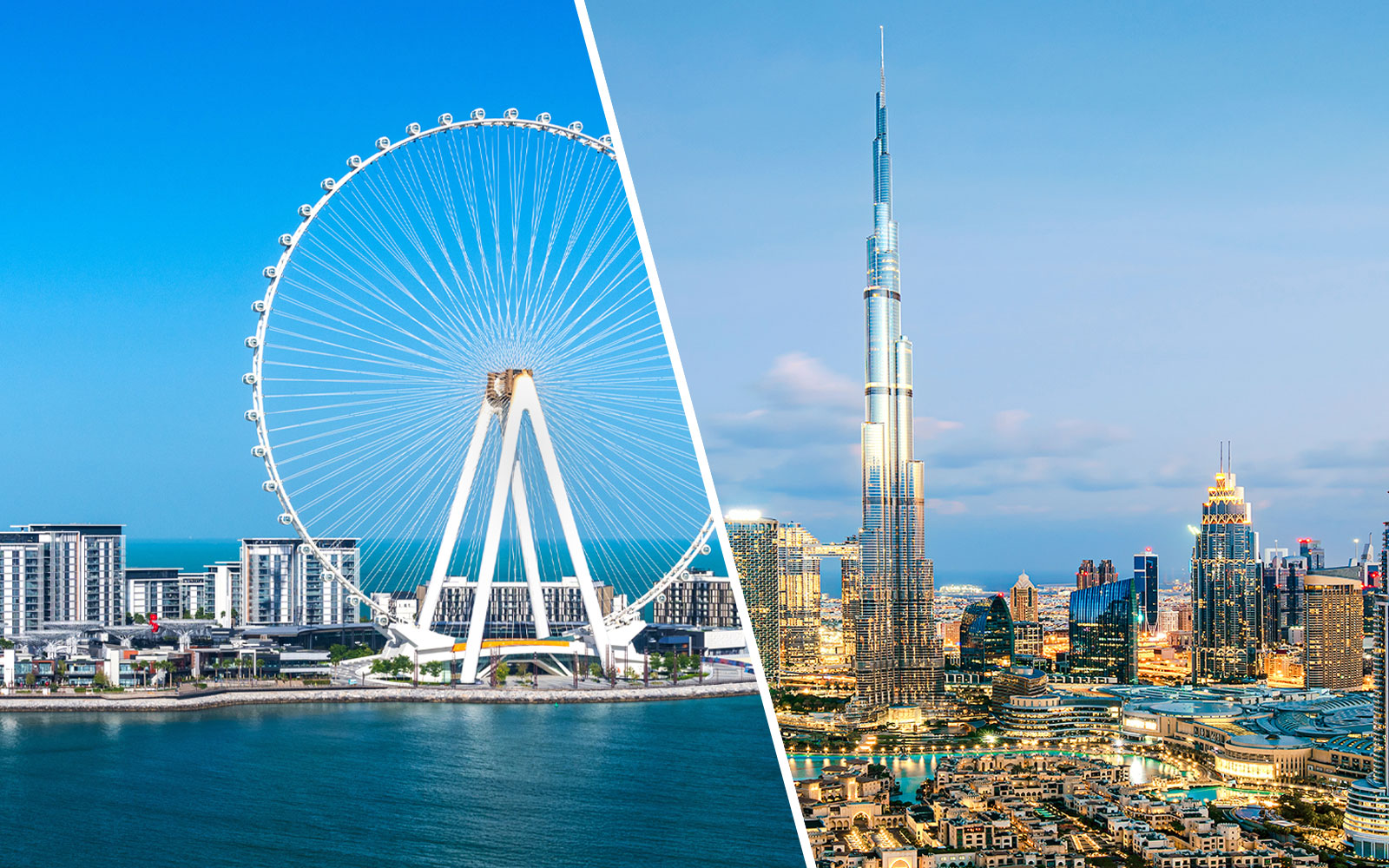 Burj Khalifa and Ain Dubai Ferris wheel against city skyline in Dubai.