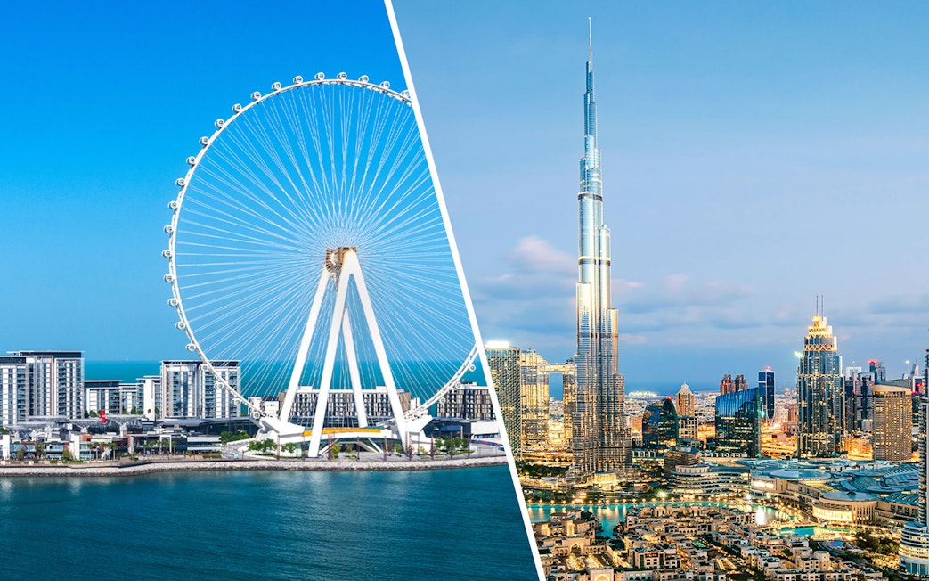 Burj Khalifa and Ain Dubai Ferris wheel against city skyline in Dubai.