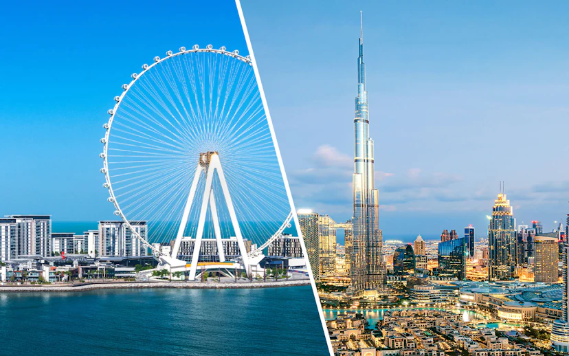 Burj Khalifa and Ain Dubai Ferris wheel against city skyline in Dubai.
