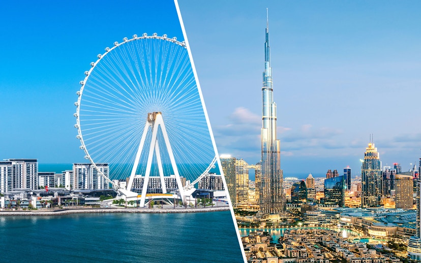 Burj Khalifa and Ain Dubai Ferris wheel against city skyline in Dubai.