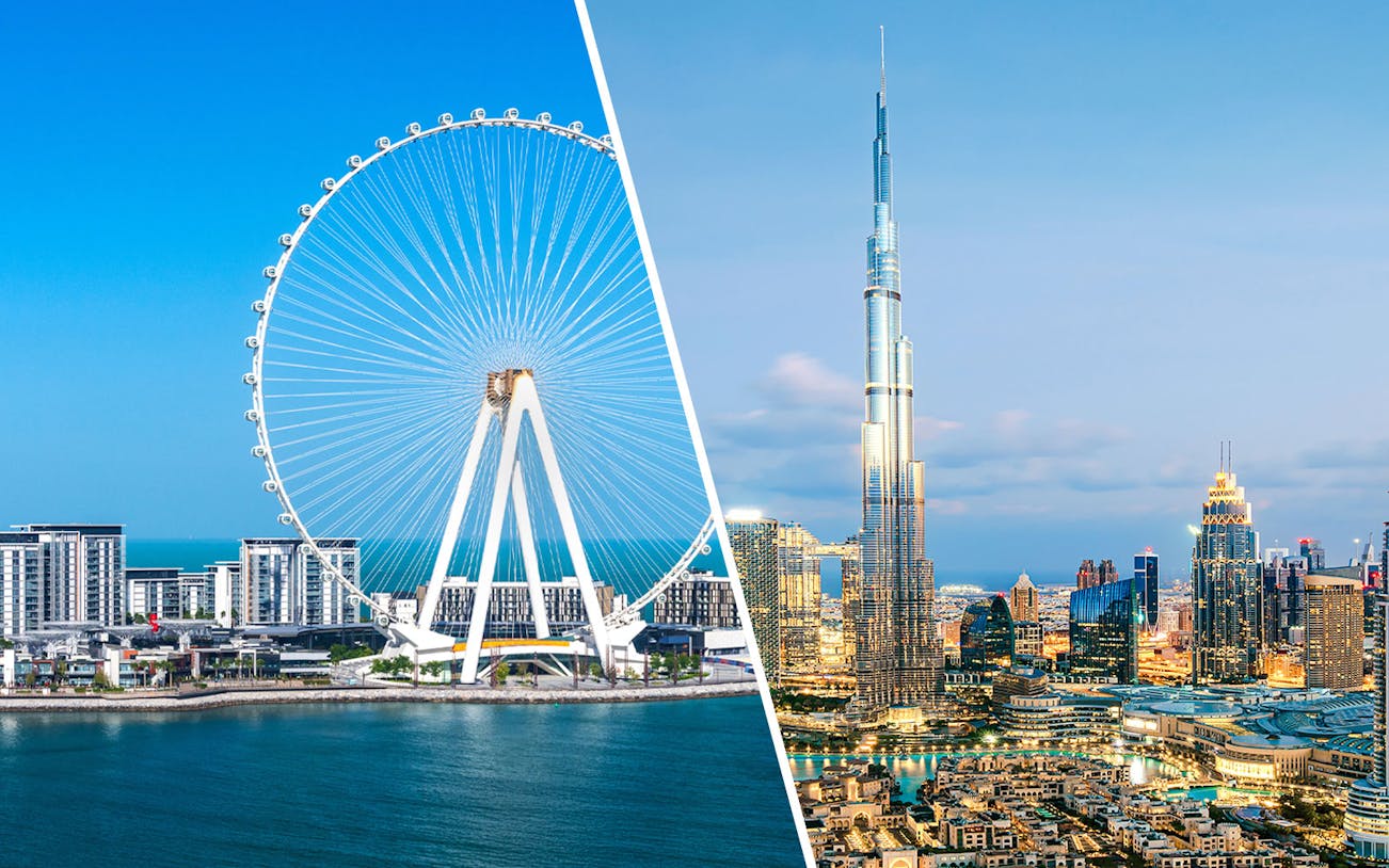 Burj Khalifa and Ain Dubai Ferris wheel against city skyline in Dubai.