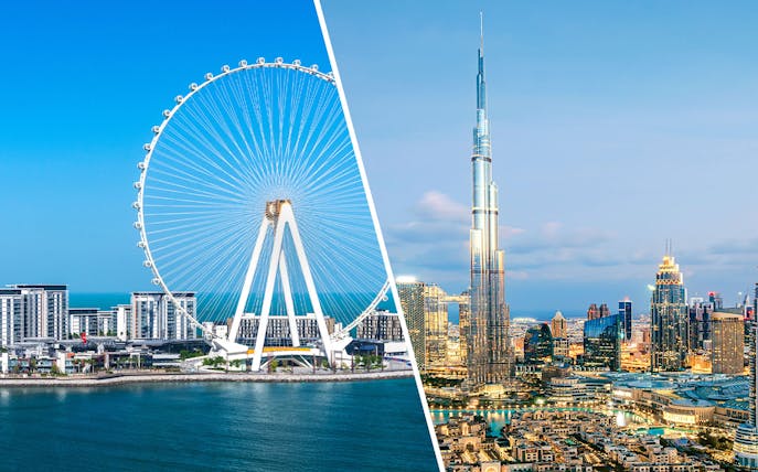 Burj Khalifa and Ain Dubai Ferris wheel against city skyline in Dubai.
