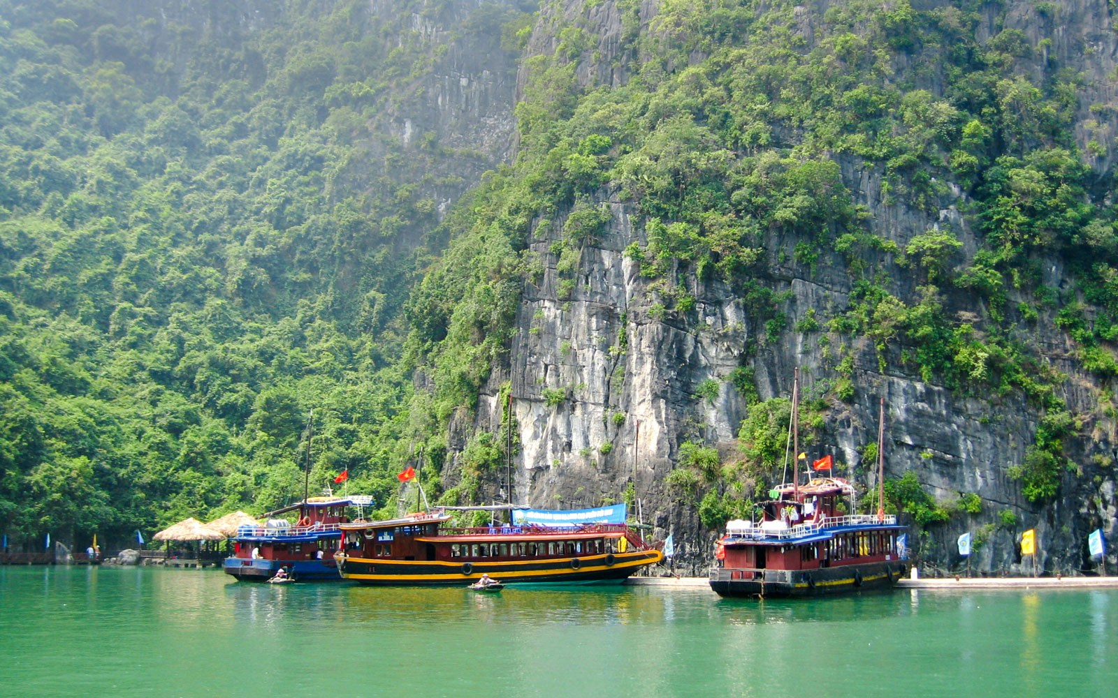 Boats anchored near Stone Dog Islet, surrounded by lush green cliffs in Ha Long Bay, Vietnam.