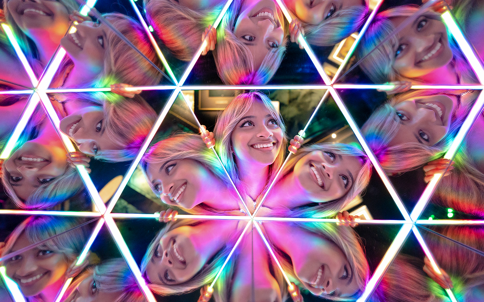 Kaleidoscopic reflections in the Kaleido Tunnel at Camera Obscura & World of Illusions, Edinburgh.