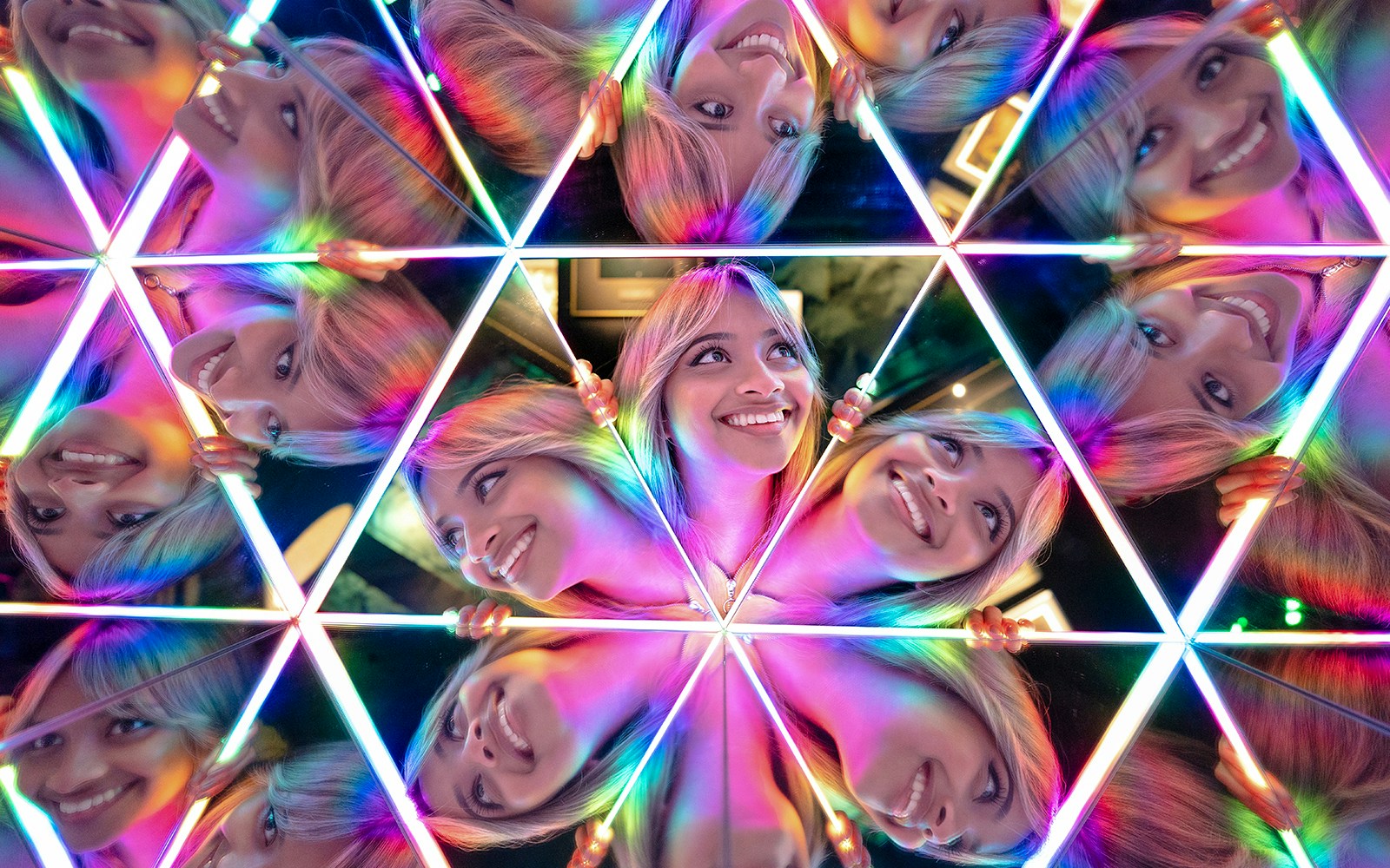Kaleidoscopic reflections in the Kaleido Tunnel at Camera Obscura & World of Illusions, Edinburgh.