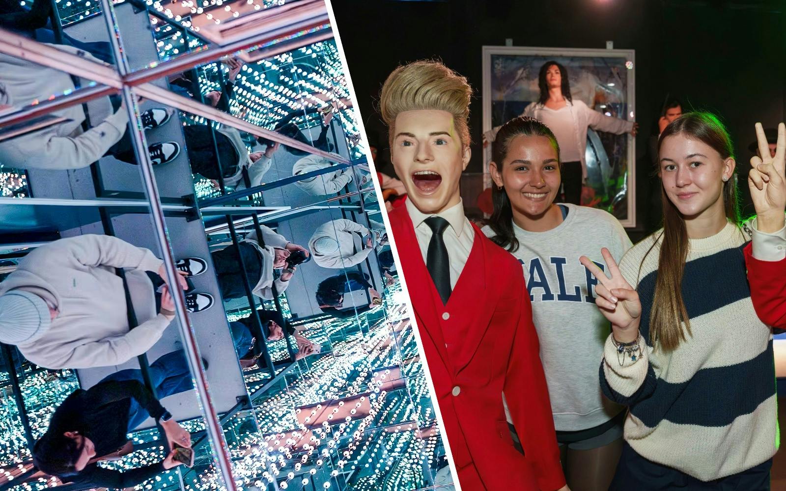 Guests exploring mirrored illusions and posing with wax figures at the World Of Illusions and national wax museum.