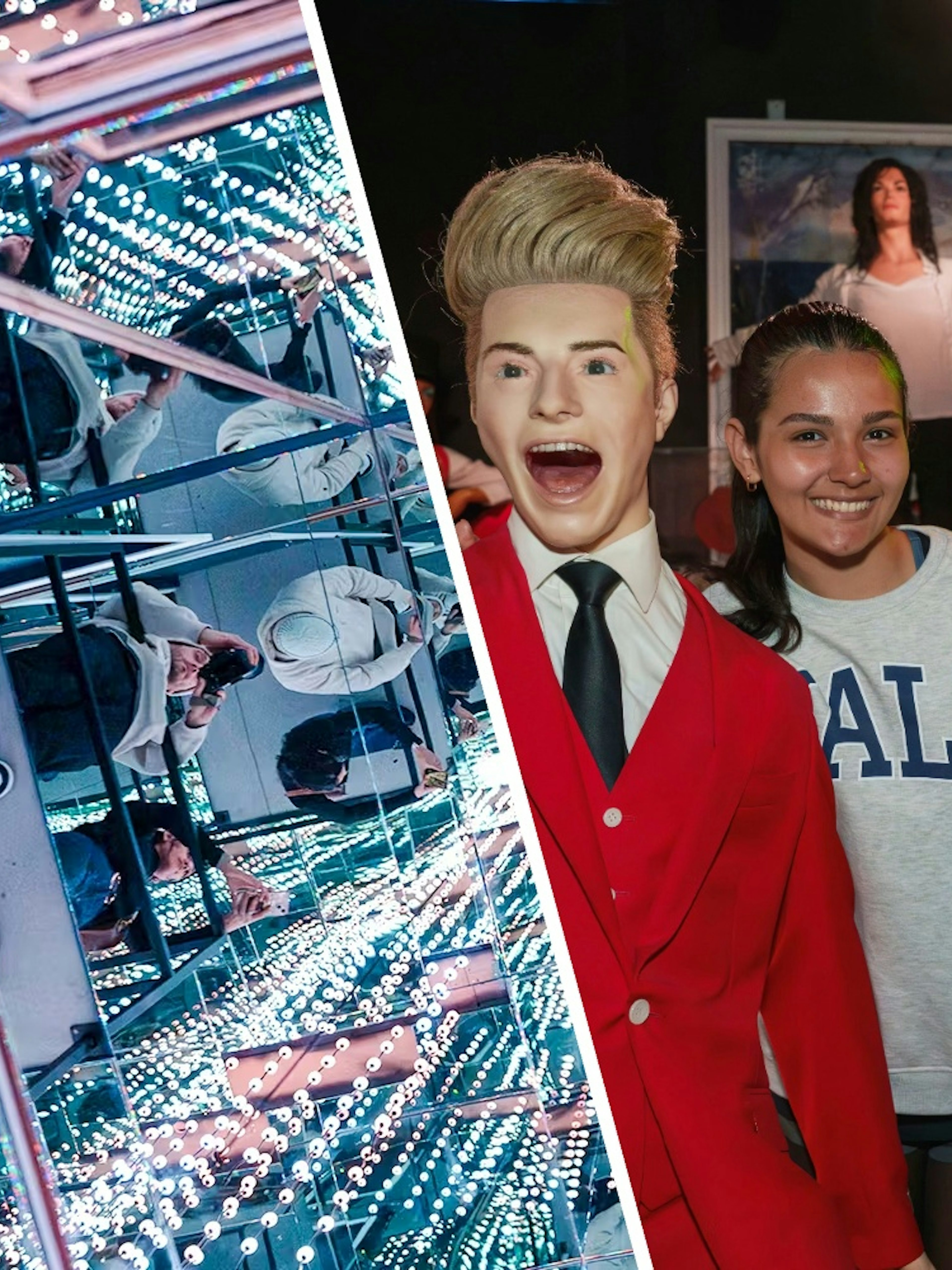 Guests exploring mirrored illusions and posing with wax figures at the World Of Illusions and national wax museum.