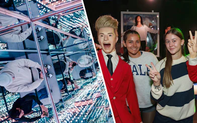 Guests exploring mirrored illusions and posing with wax figures at the World Of Illusions and national wax museum.
