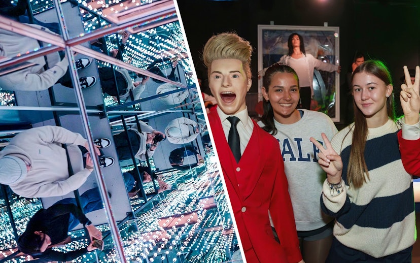 Guests exploring mirrored illusions and posing with wax figures at the World Of Illusions and national wax museum.