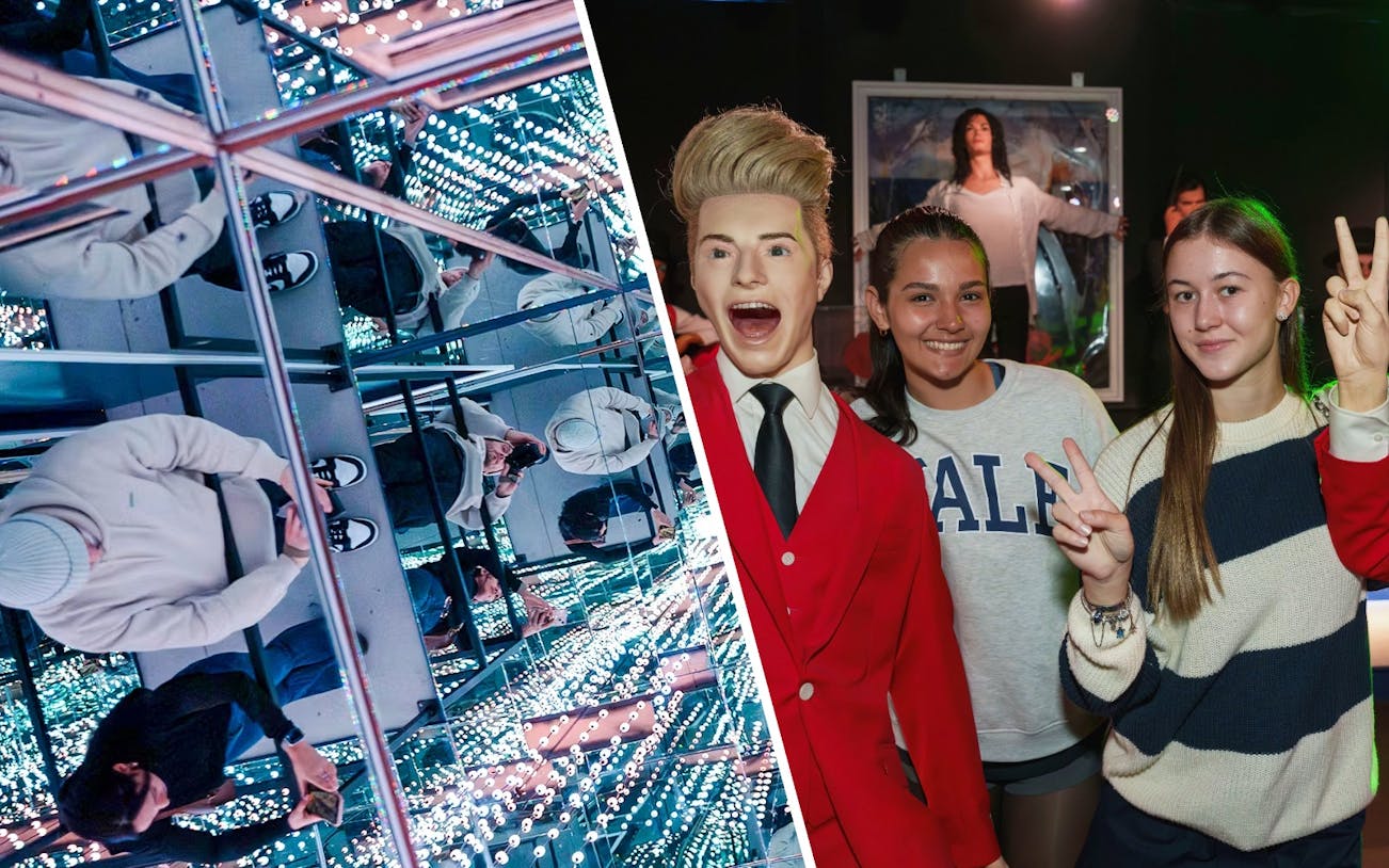 Guests exploring mirrored illusions and posing with wax figures at the World Of Illusions and national wax museum.