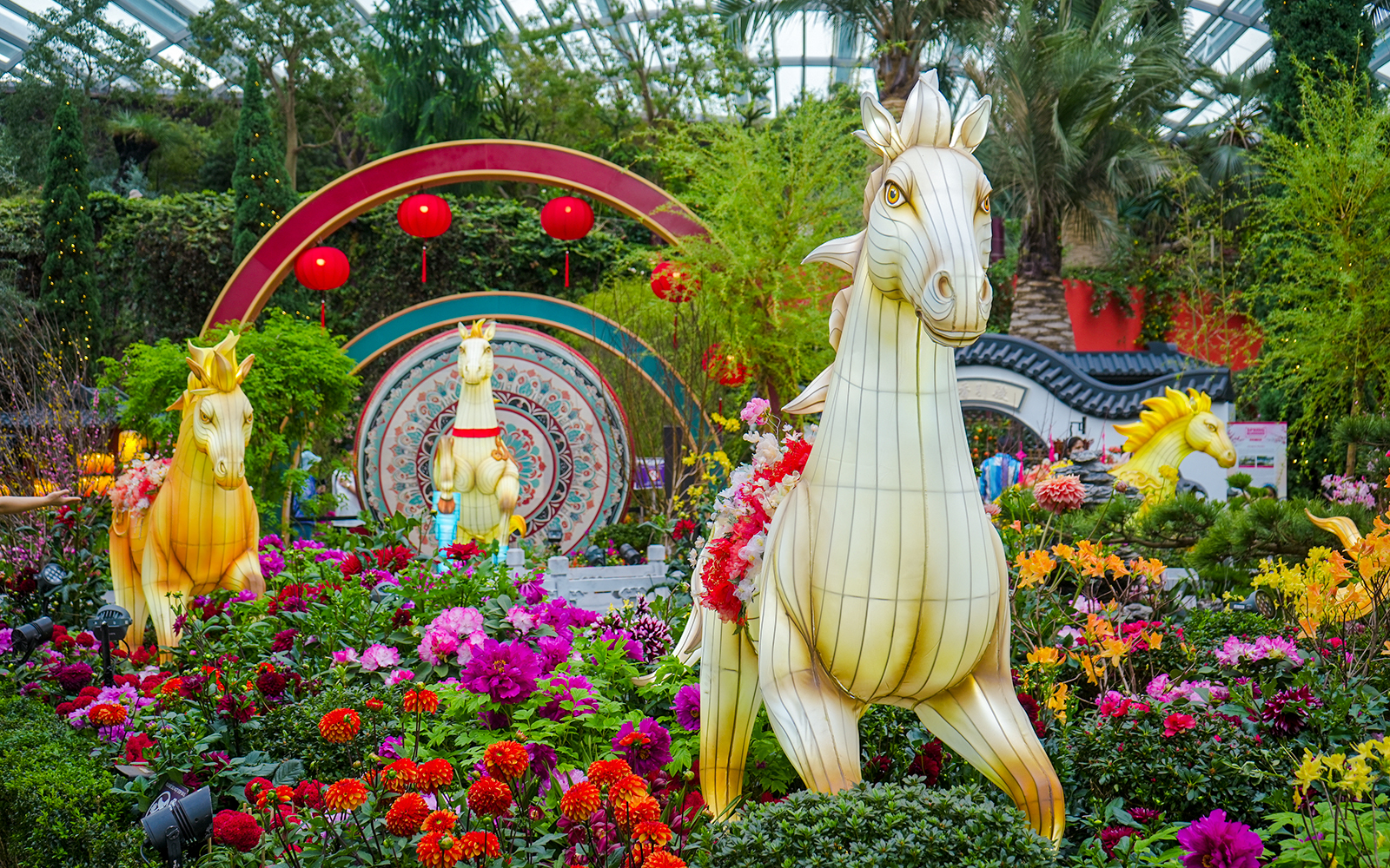 Horse lanterns among vibrant spring blossoms at Flower Dome, Gardens by the Bay, Singapore.
