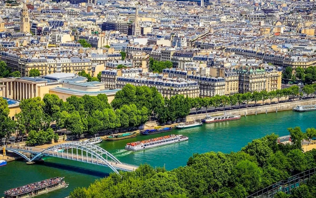 View of Paris rooftops and Seine River from Eiffel Tower tour.