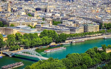 View of Paris rooftops and Seine River from Eiffel Tower tour.