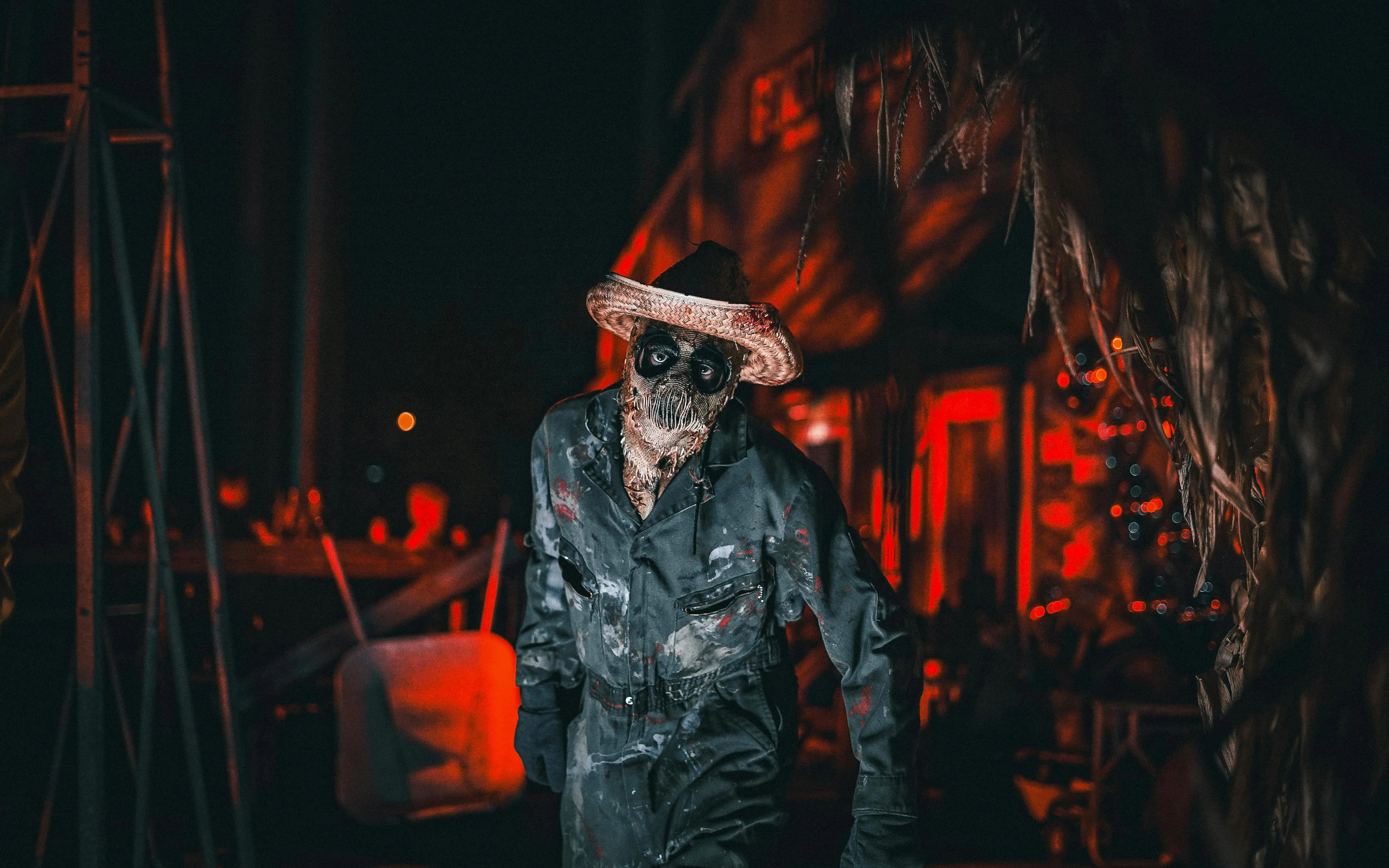 Haunted character in costume at Knott's Berry Scary Farm, Southern California.