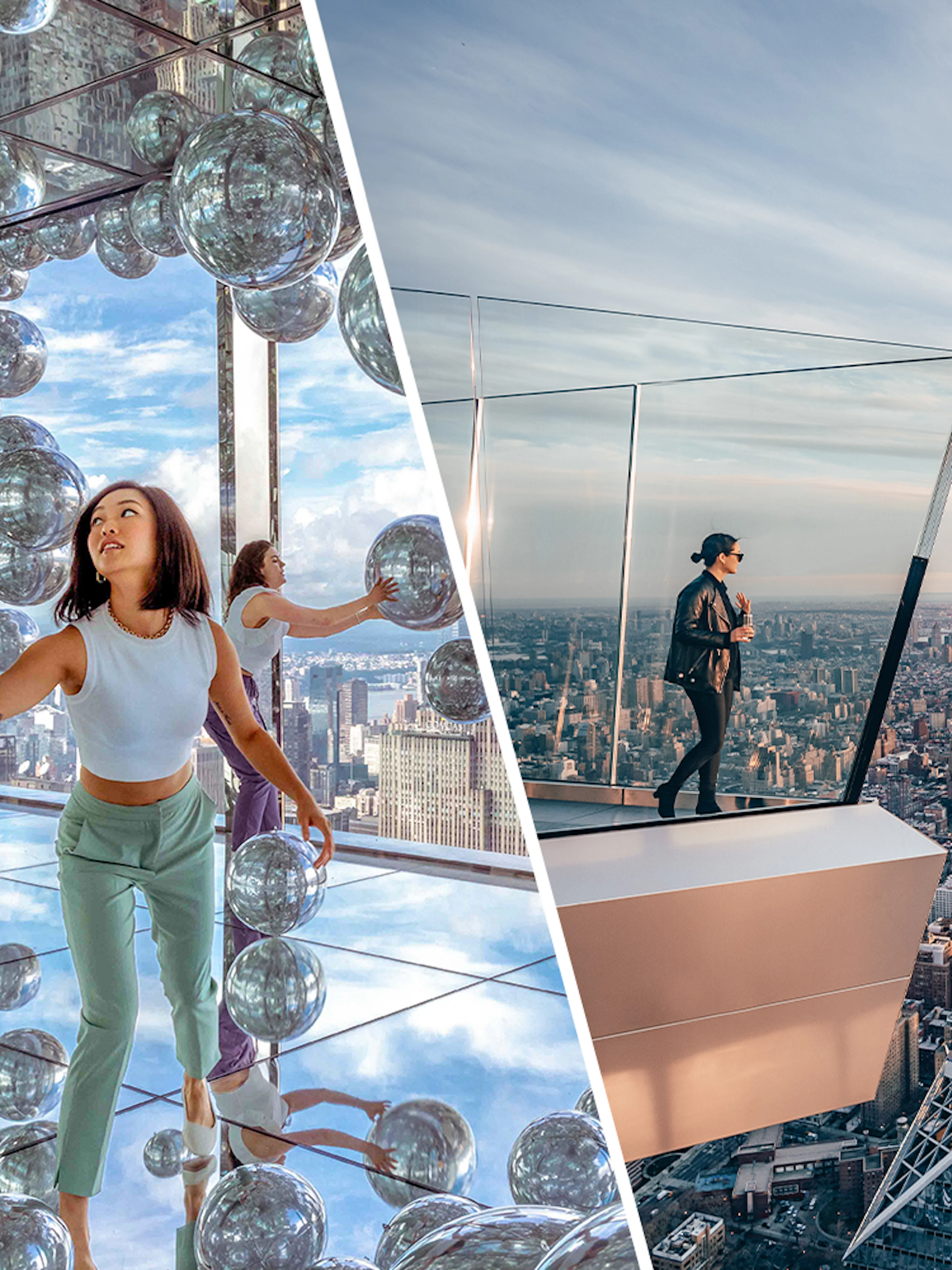 Visitors exploring mirrored art installation at SUMMIT One Vanderbilt and viewing New York City from Edge Observation Deck.