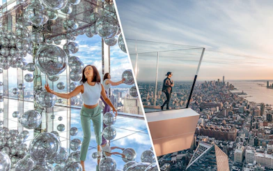 Visitors exploring mirrored art installation at SUMMIT One Vanderbilt and viewing New York City from Edge Observation Deck.