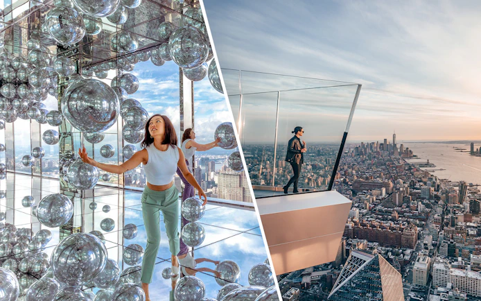 Visitors exploring mirrored art installation at SUMMIT One Vanderbilt and viewing New York City from Edge Observation Deck.