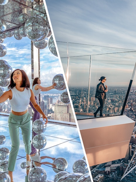Visitors exploring mirrored art installation at SUMMIT One Vanderbilt and viewing New York City from Edge Observation Deck.
