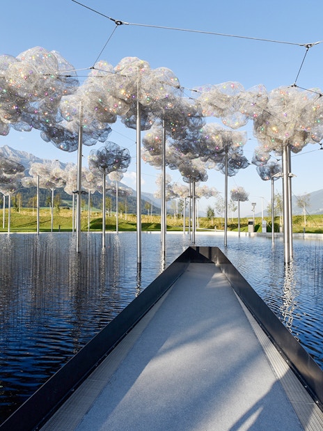 Pathway through crystal cloud installation at Swarovski Crystal Worlds, Austria.