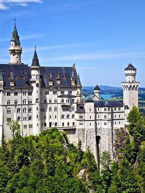 Neuschwanstein Castle in Bavaria, Germany, surrounded by lush green landscape.