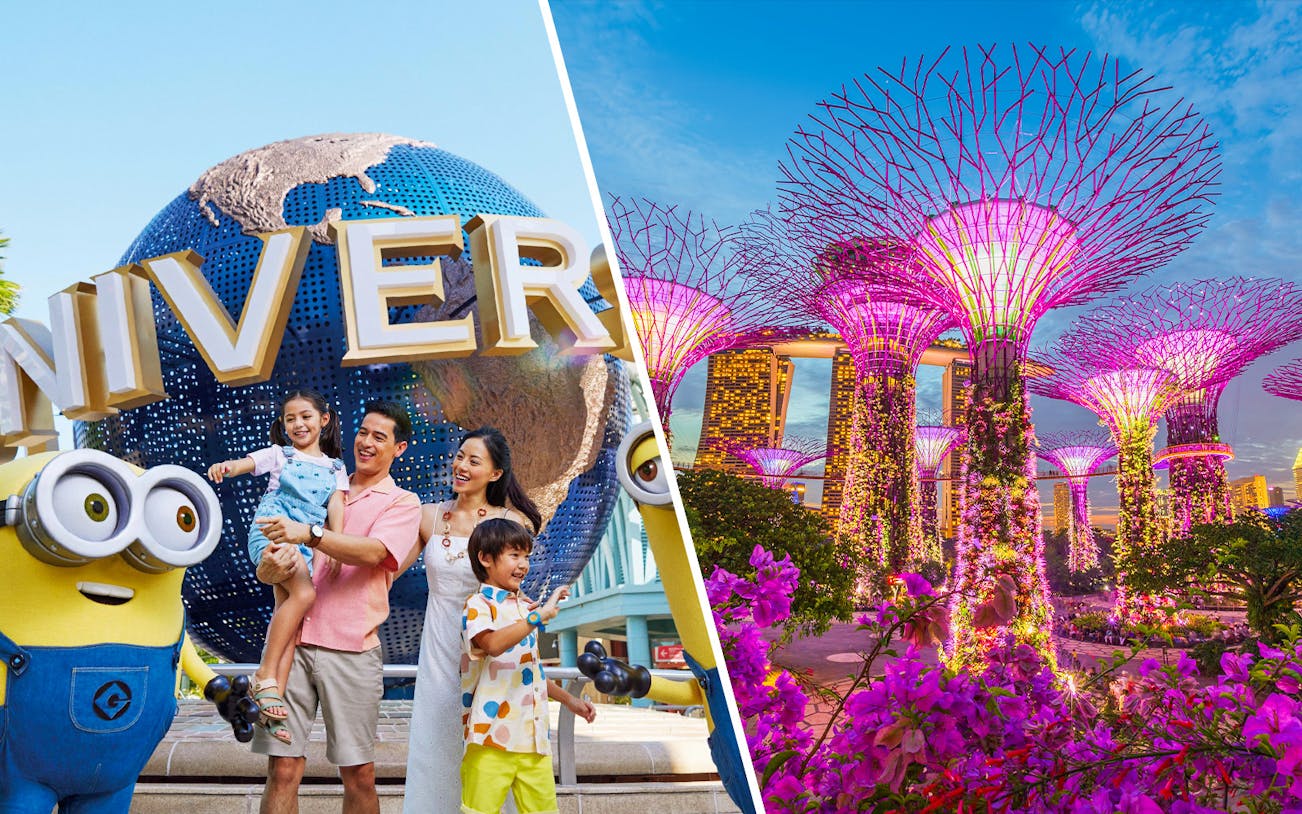 Family enjoying Universal Studios Singapore with Minion and Gardens by the Bay Supertree Grove.