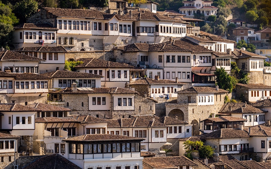 Berat old town houses with traditional Ottoman architecture in Albania.