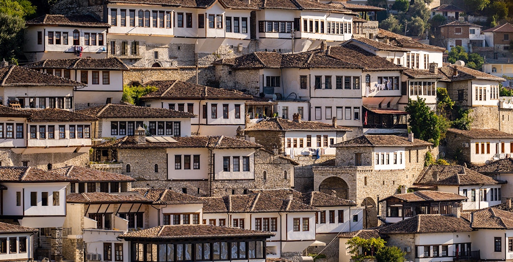 Berat old town houses with traditional Ottoman architecture in Albania.